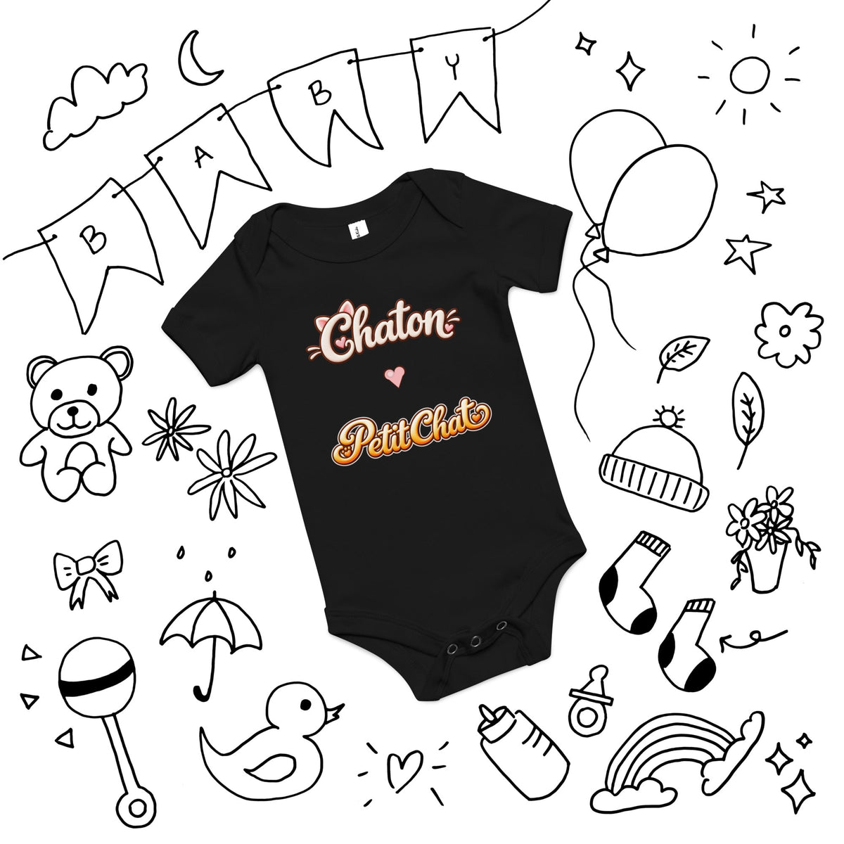 Cadeau naissance chat : body bébé noir Chaton & Petit Chat avec petit cœur