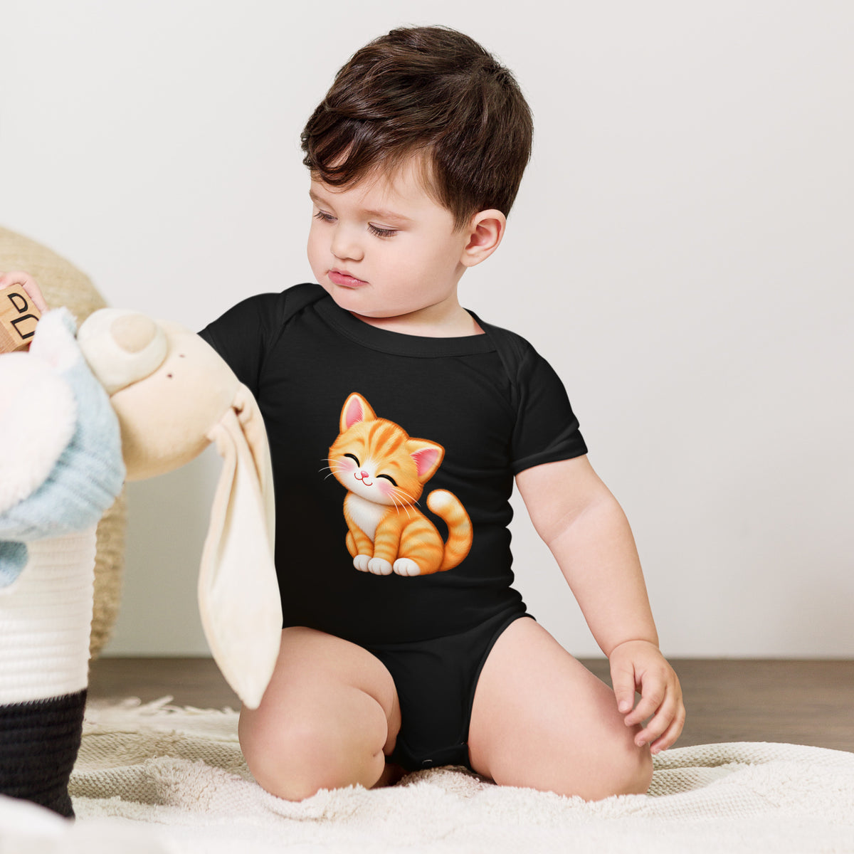 Body bébé noir Petit Chat, chaton roux câlin