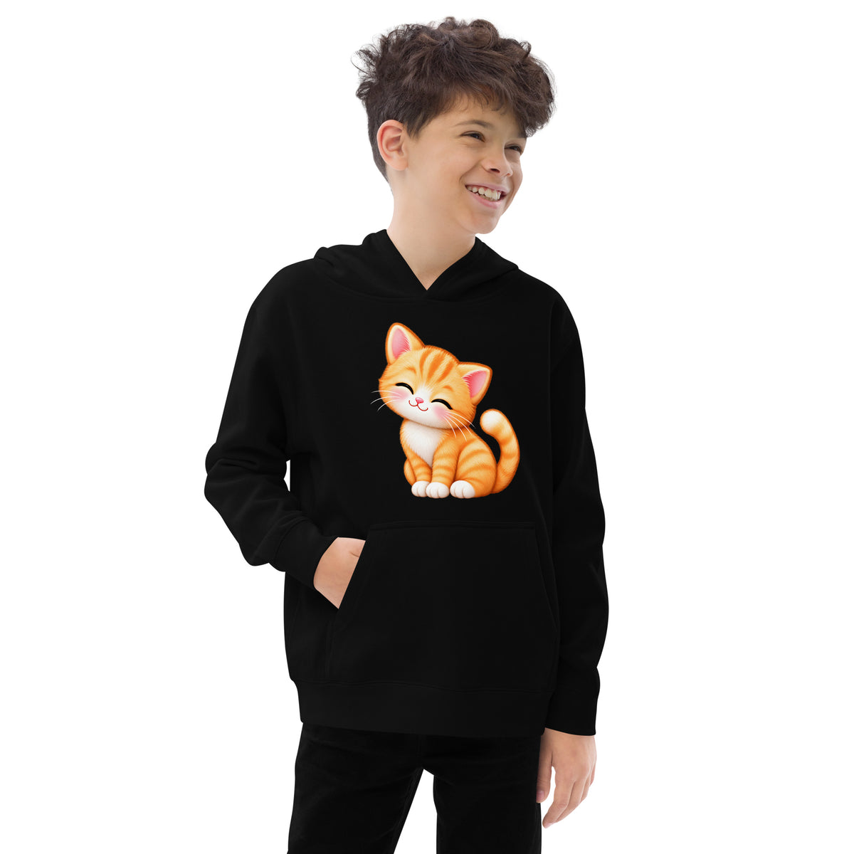 Hoodie ado noir Petit Chat, chaton roux câlin