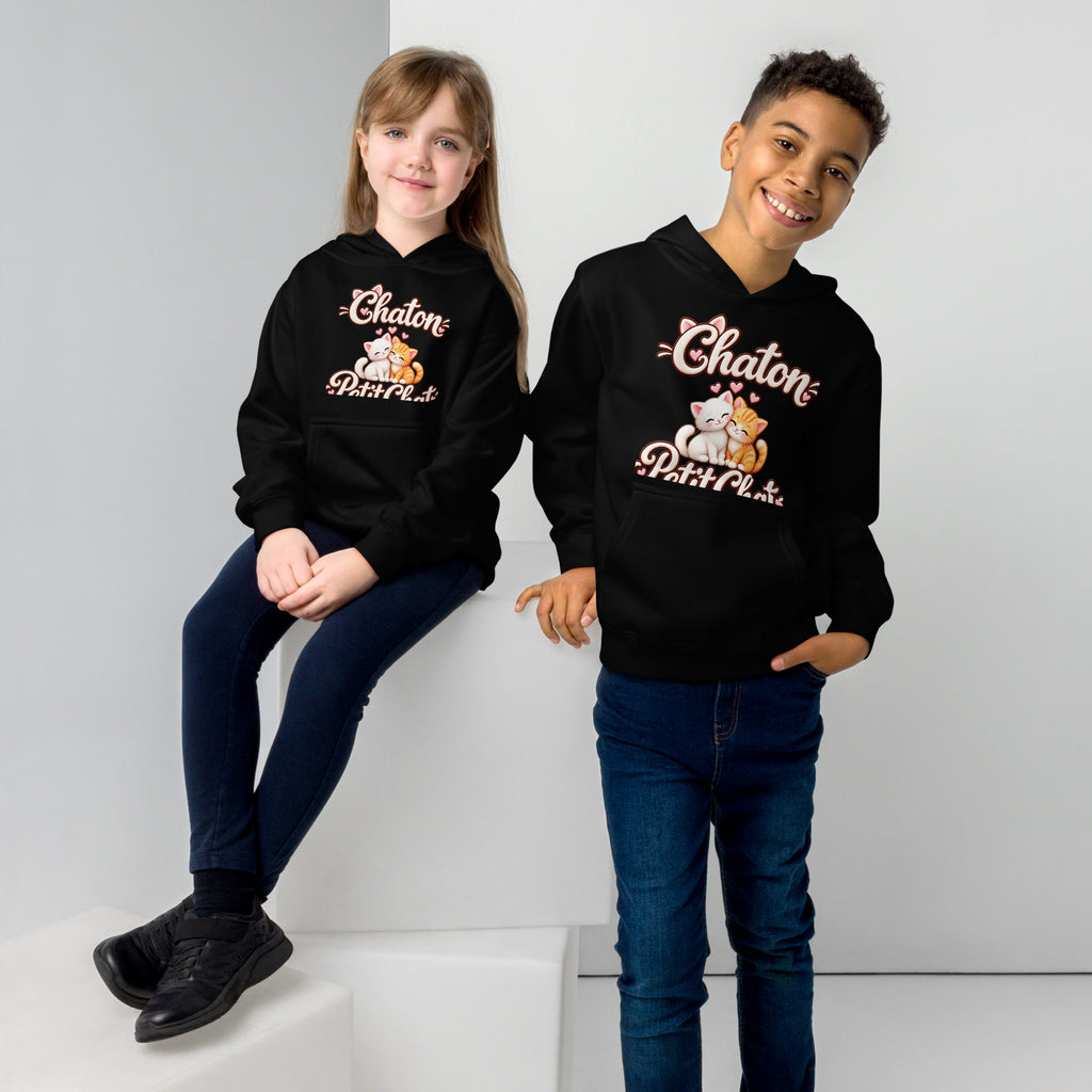 Hoodie ado noir Duo Chaton & Petit Chat, deux chatons câlins blanc et roux