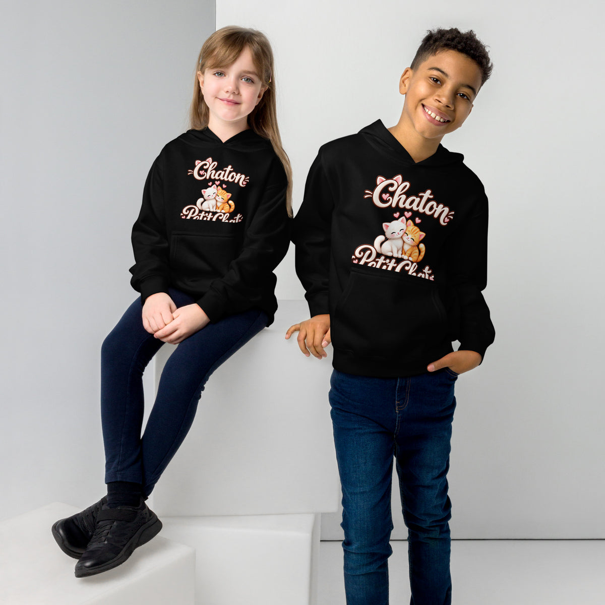 Hoodie ado noir Duo Chaton & Petit Chat, deux chatons câlins blanc et roux