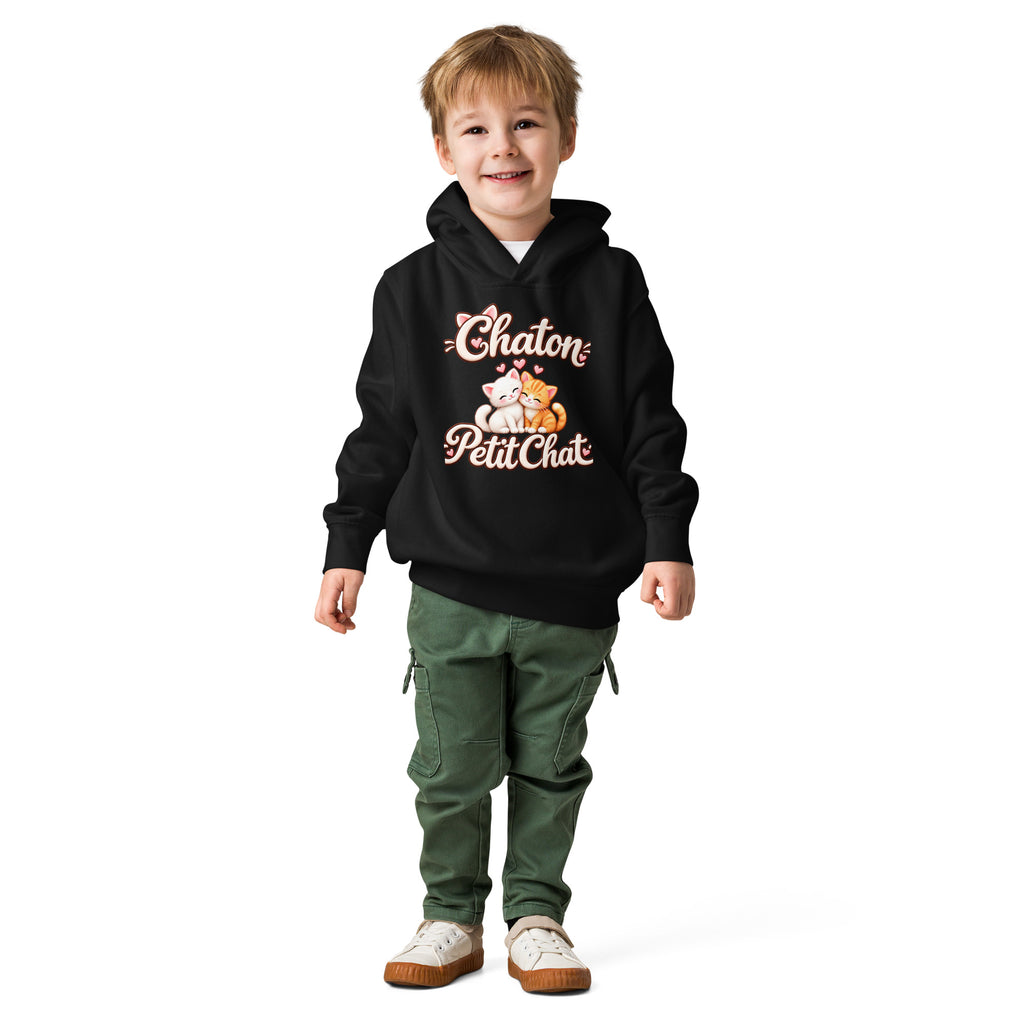 Hoodie enfant noir Duo Chaton & Petit Chat, deux chatons câlins blanc et roux