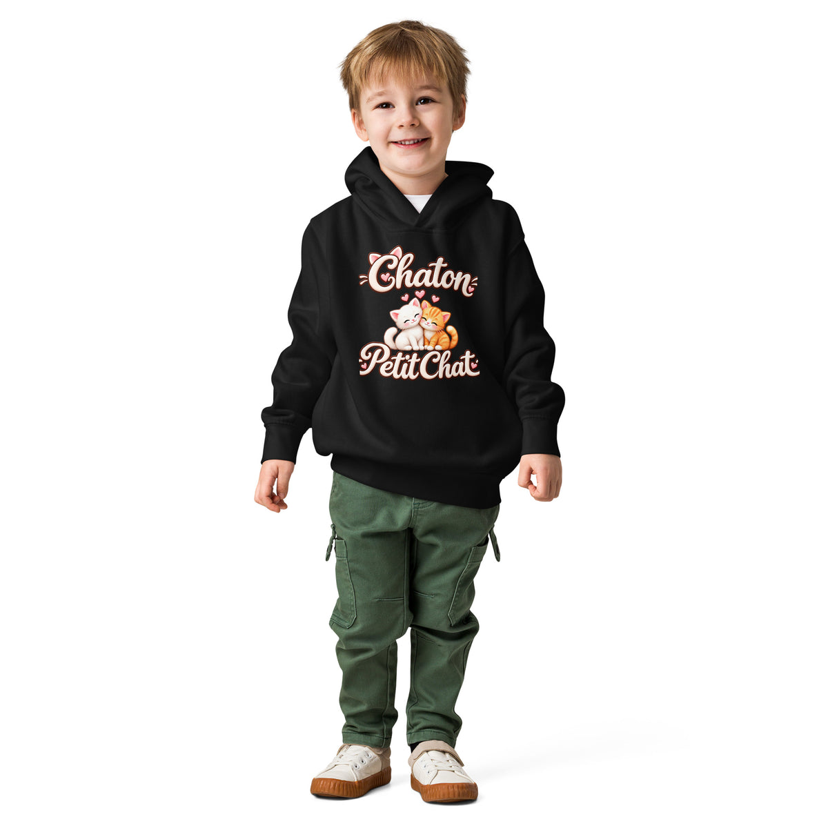 Hoodie enfant noir Duo Chaton & Petit Chat, deux chatons câlins blanc et roux