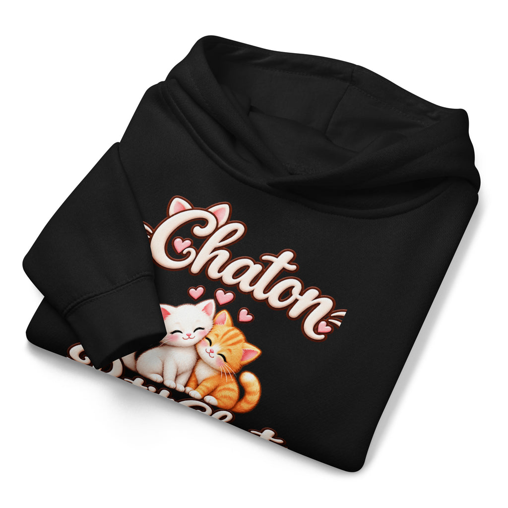 Hoodie enfant noir Duo Chaton & Petit Chat, deux chatons câlins blanc et roux