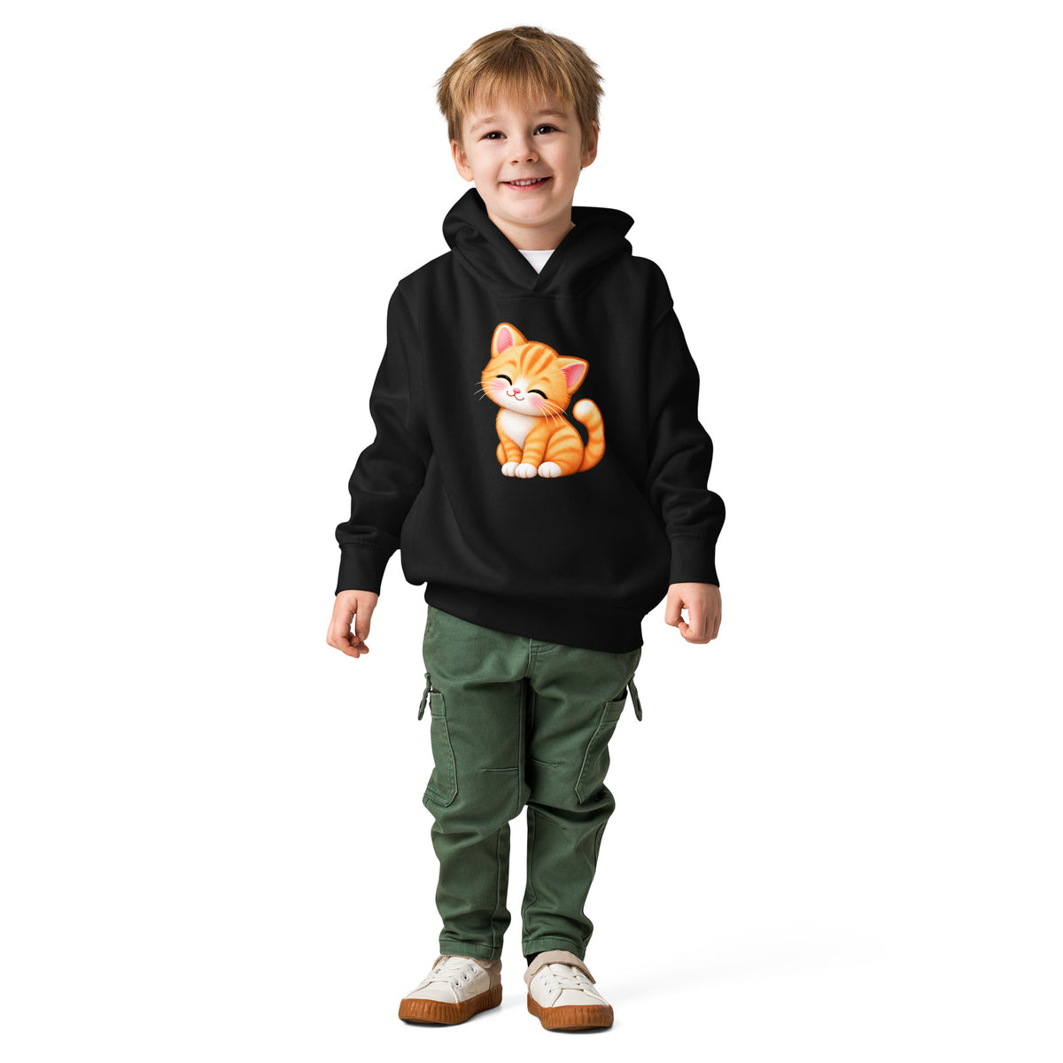 Hoodie enfant noir Petit Chat, chaton roux câlin