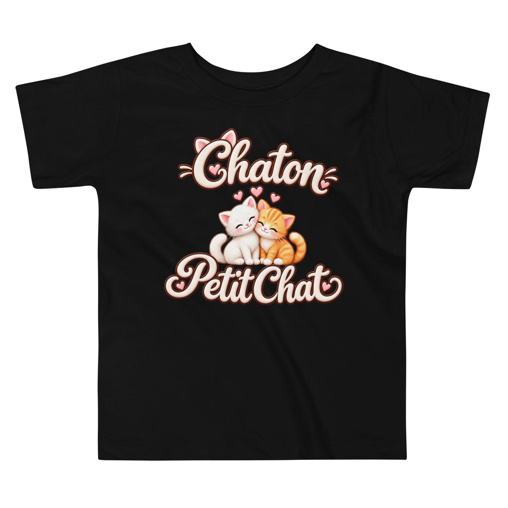 T-shirt enfant noir Duo Chaton & Petit Chat, deux chatons câlins blanc et roux