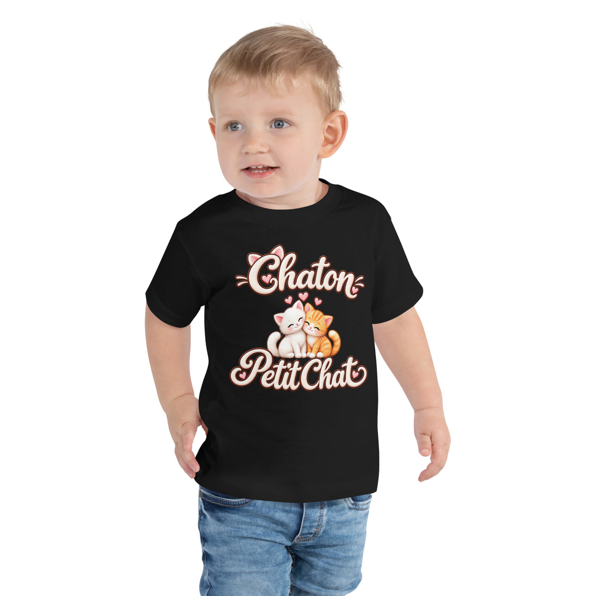 T-shirt enfant noir Duo Chaton & Petit Chat, deux chatons câlins blanc et roux