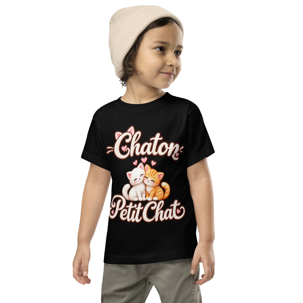 T-shirt enfant noir Duo Chaton & Petit Chat, deux chatons câlins blanc et roux