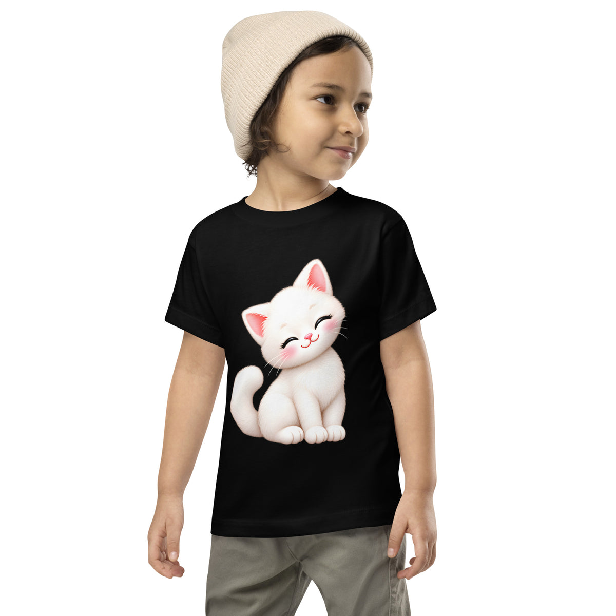 T-shirt enfant noir Chaton, chaton blanc câlin