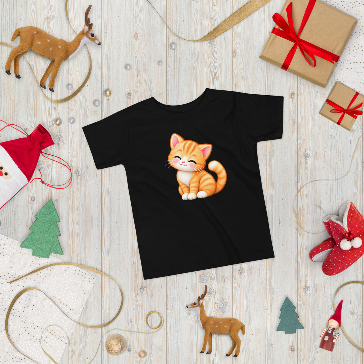 T-shirt enfant noir Petit Chat, chaton roux câlin