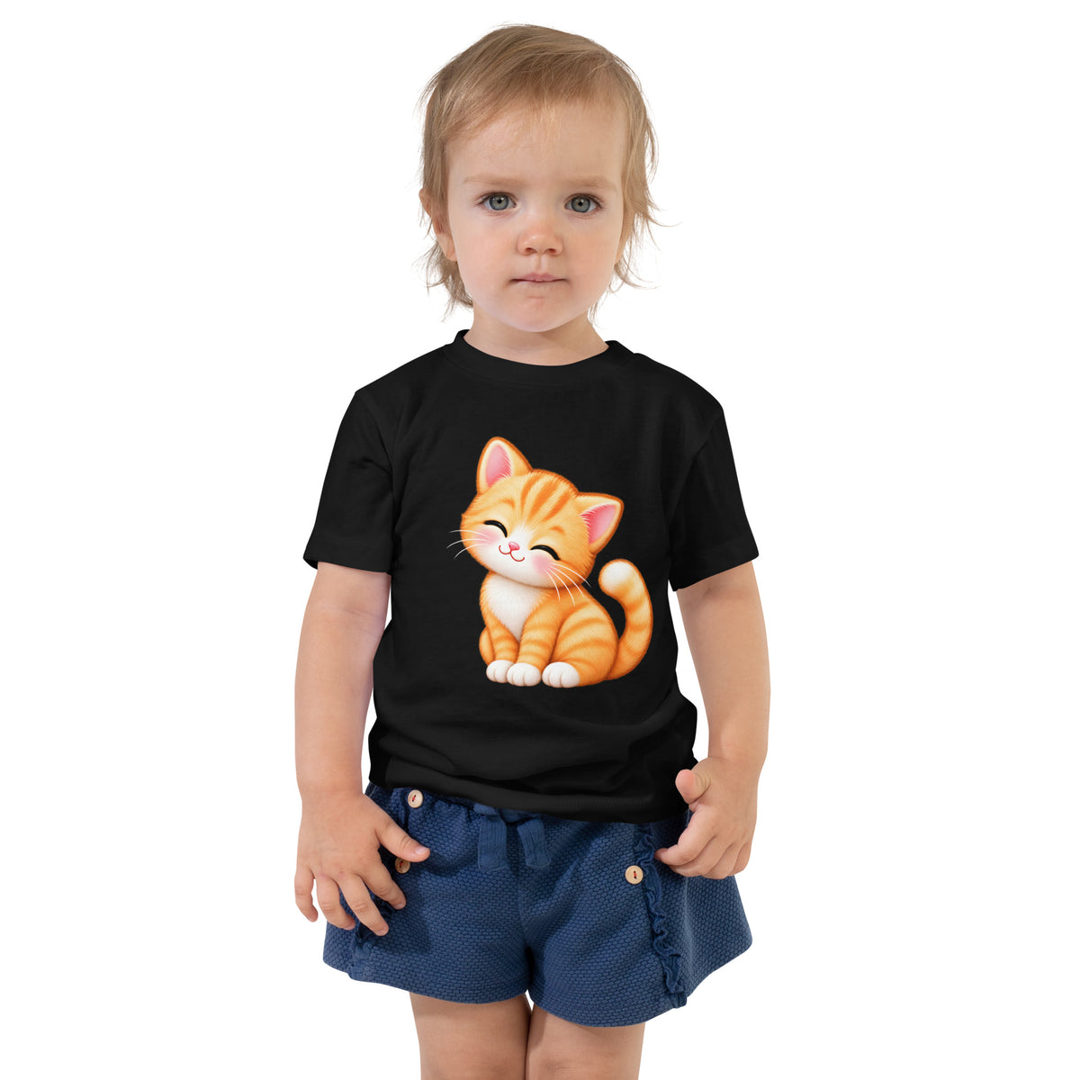 T-shirt enfant noir Petit Chat, chaton roux câlin