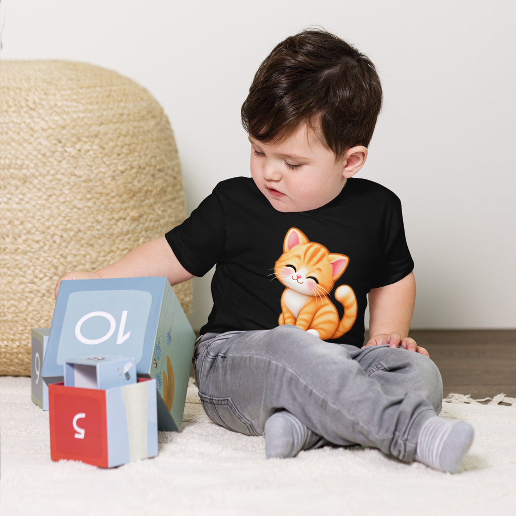 T-shirt enfant noir Petit Chat, chaton roux câlin