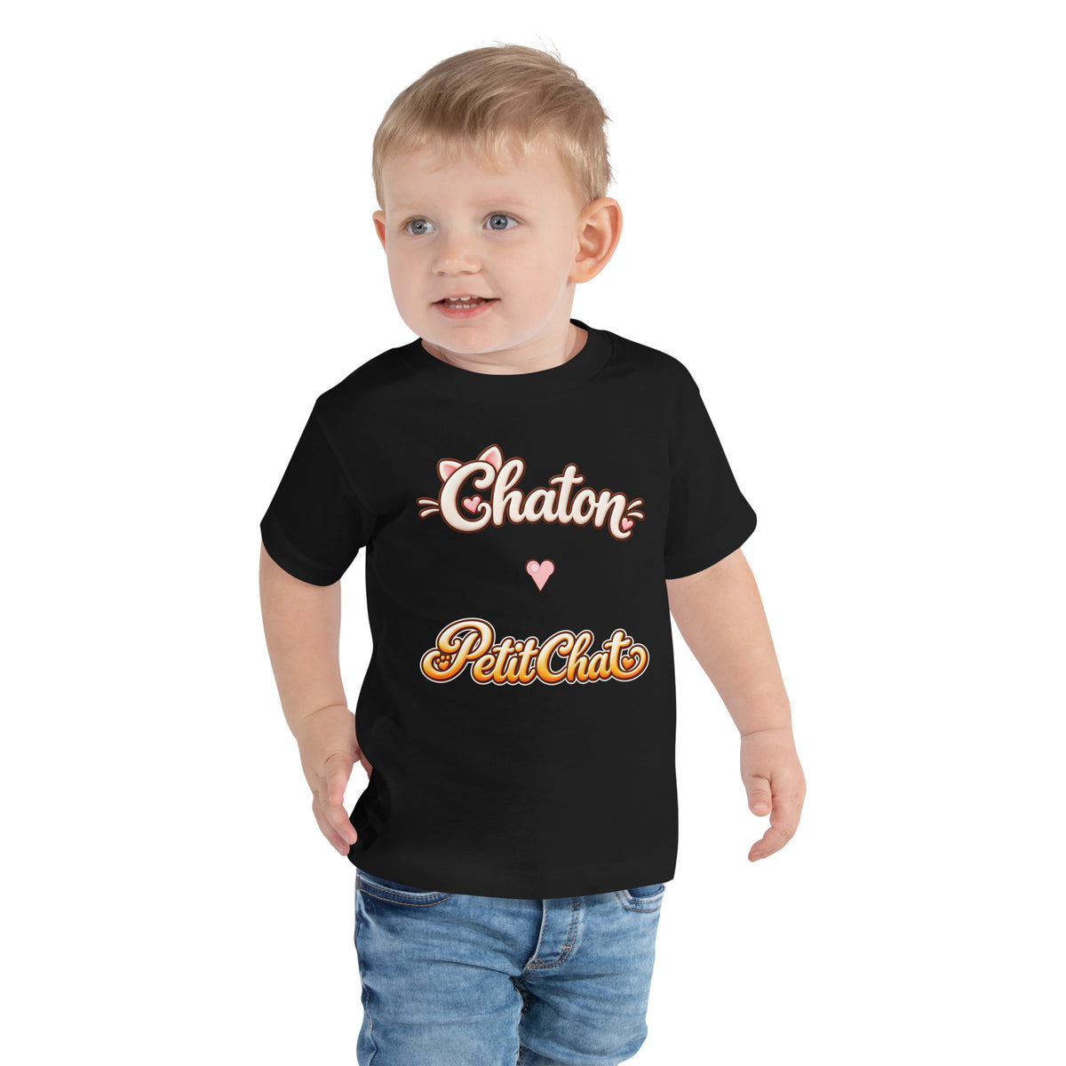 T-shirt enfant noir Chaton & Petit Chat en lettrage duo avec petit cœur