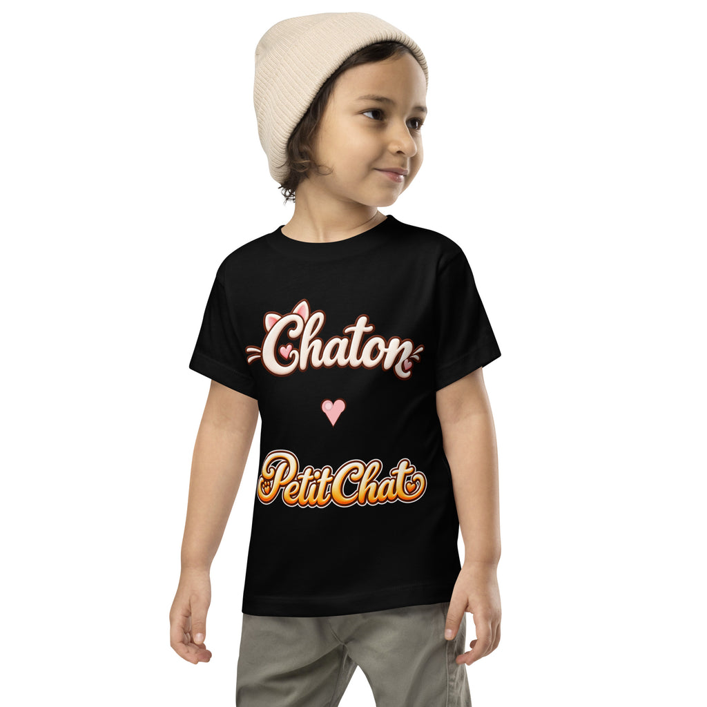 T-shirt enfant noir Chaton & Petit Chat en lettrage duo avec petit cœur