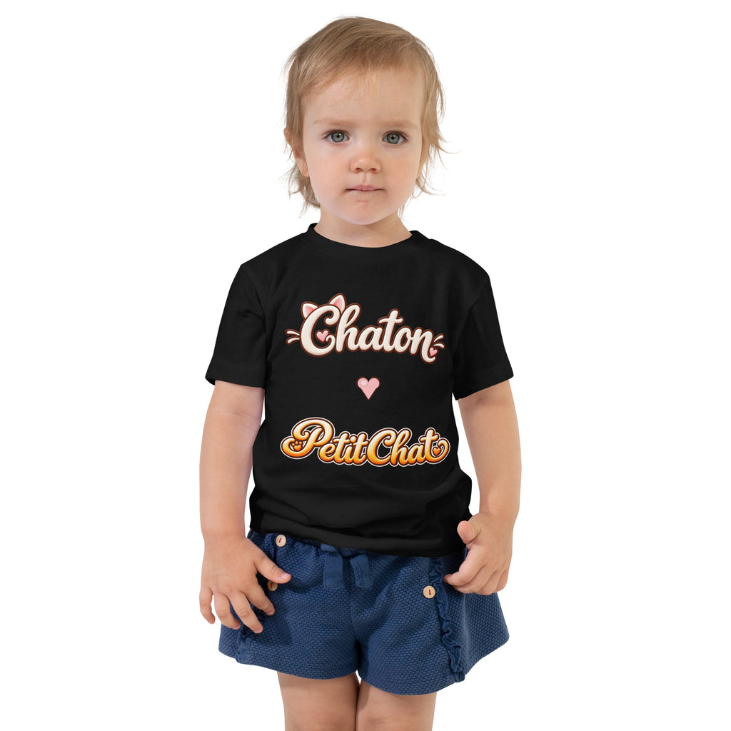 T-shirt enfant noir Chaton & Petit Chat en lettrage duo avec petit cœur
