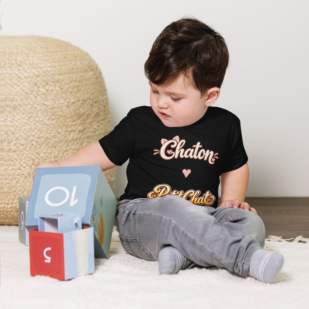 T-shirt enfant noir Chaton & Petit Chat en lettrage duo avec petit cœur