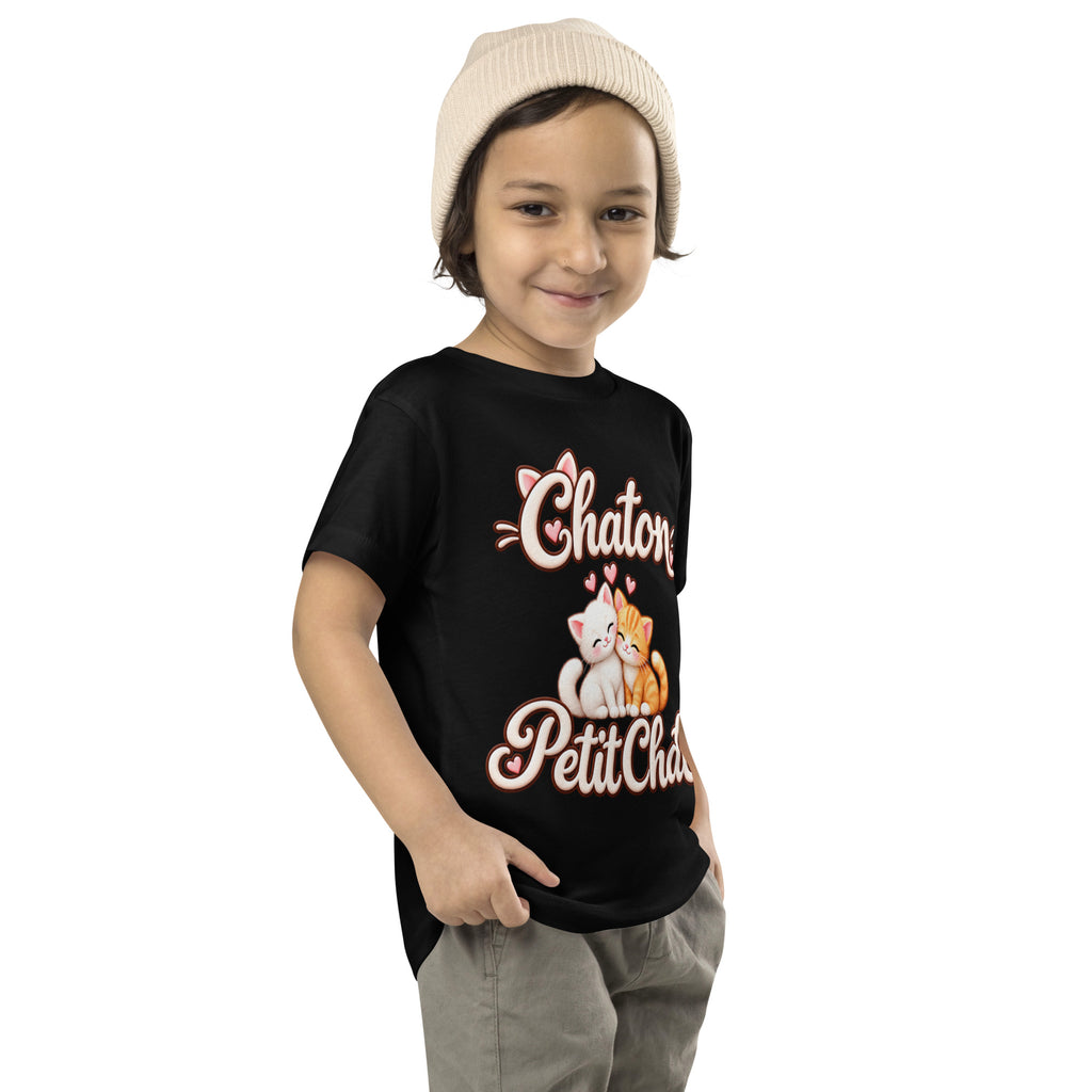 T-shirt enfant noir Duo Chaton & Petit Chat, deux chatons câlins blanc et roux