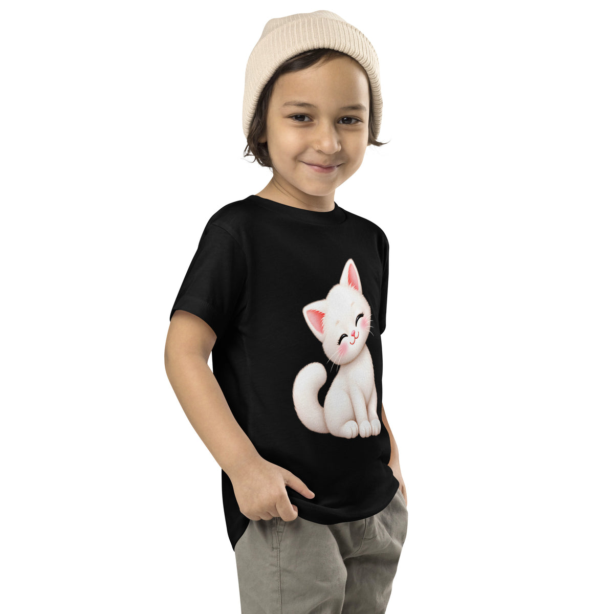 T-shirt enfant noir Chaton, chaton blanc câlin
