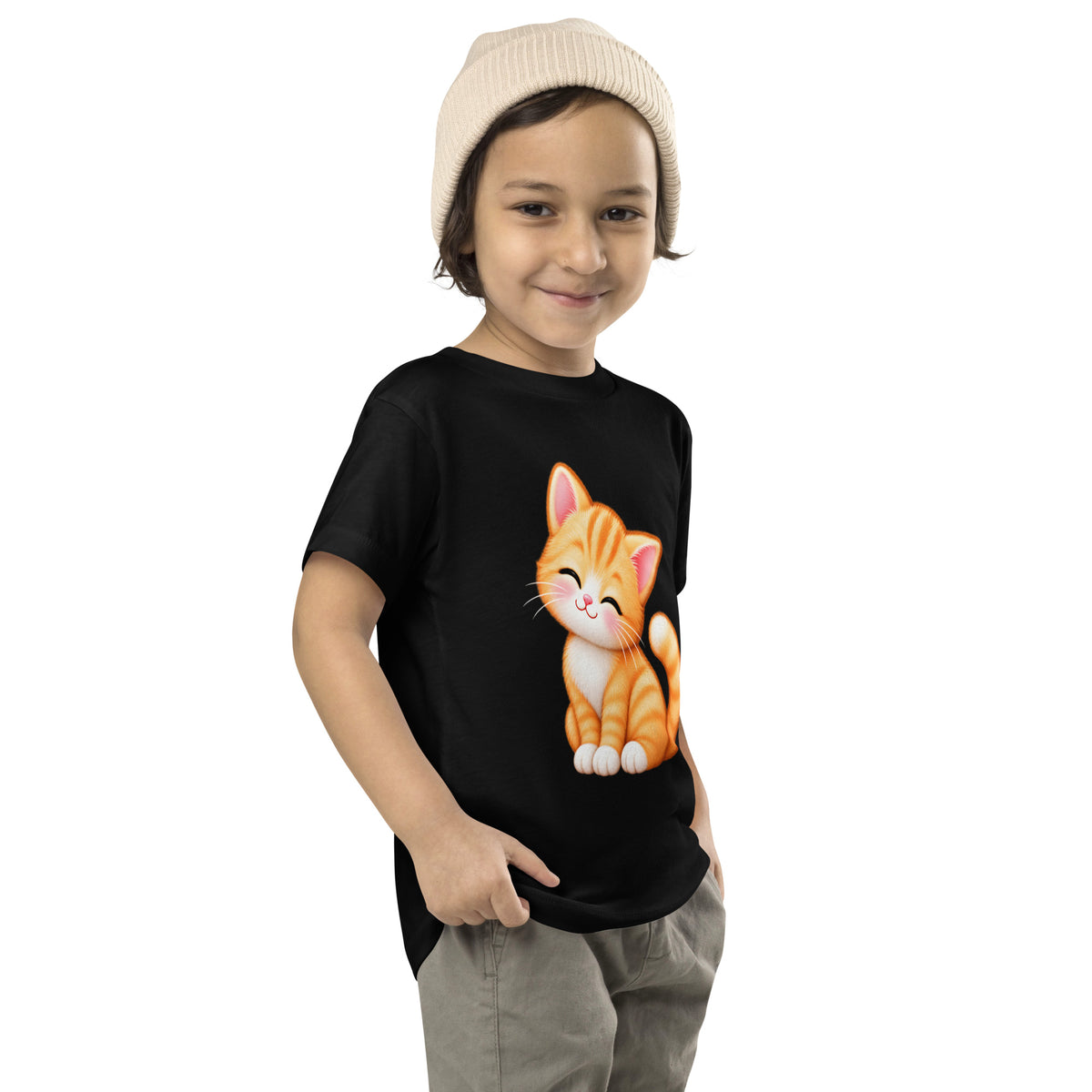 T-shirt enfant noir Petit Chat, chaton roux câlin