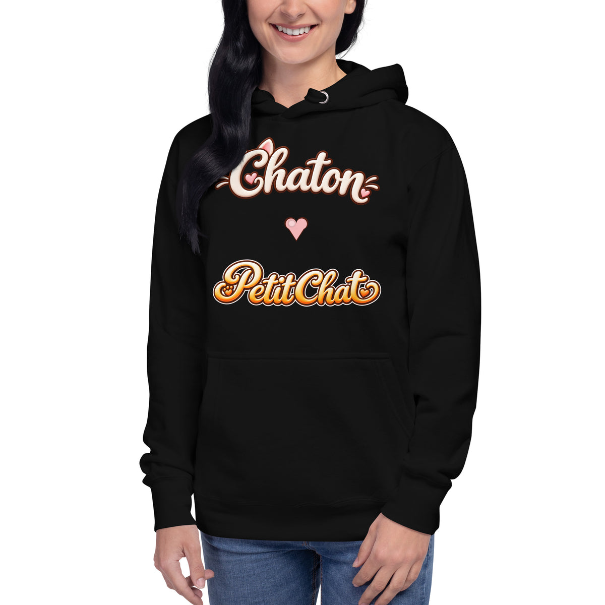 Hoodie unisexe noir Chaton & Petit Chat en lettrage duo avec petit cœur