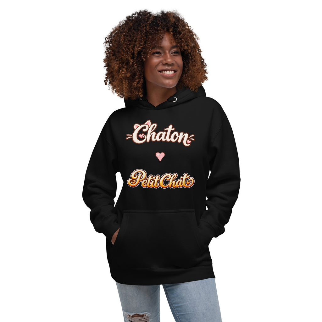 Hoodie unisexe noir Chaton & Petit Chat en lettrage duo avec petit cœur
