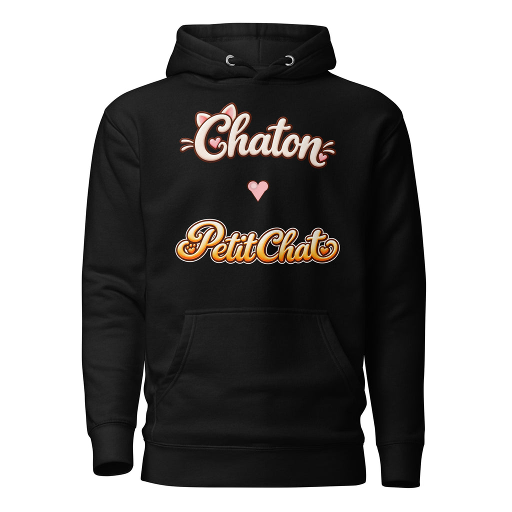 Hoodie unisexe noir Chaton & Petit Chat en lettrage duo avec petit cœur