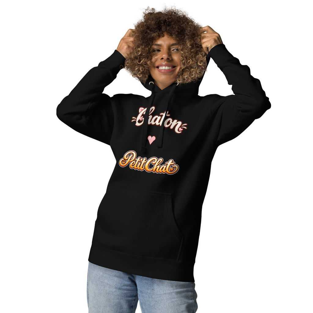 Hoodie unisexe noir Chaton & Petit Chat en lettrage duo avec petit cœur