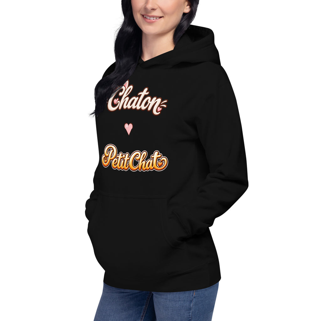 Hoodie unisexe noir Chaton & Petit Chat en lettrage duo avec petit cœur
