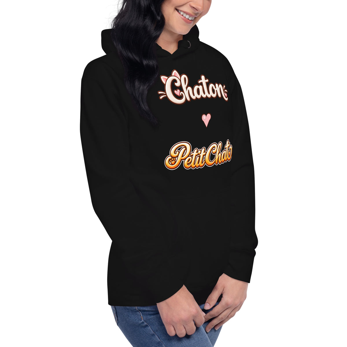 Hoodie unisexe noir Chaton & Petit Chat en lettrage duo avec petit cœur