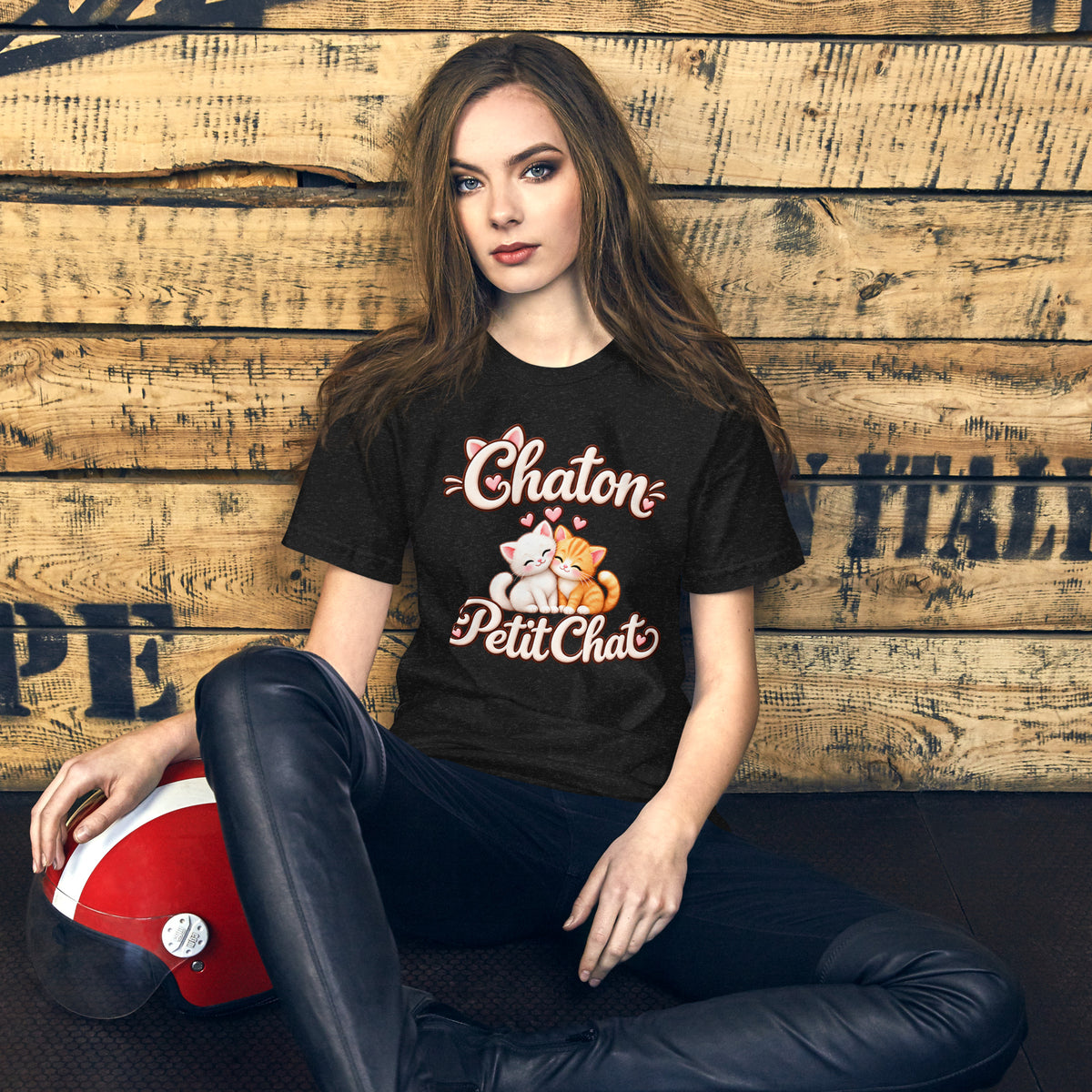 T-shirt unisexe noir Duo Chaton & Petit Chat, deux chatons câlins blanc et roux