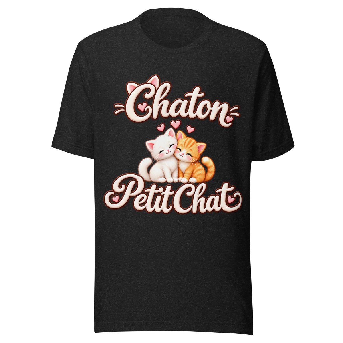 T-shirt unisexe noir Duo Chaton & Petit Chat, deux chatons câlins blanc et roux