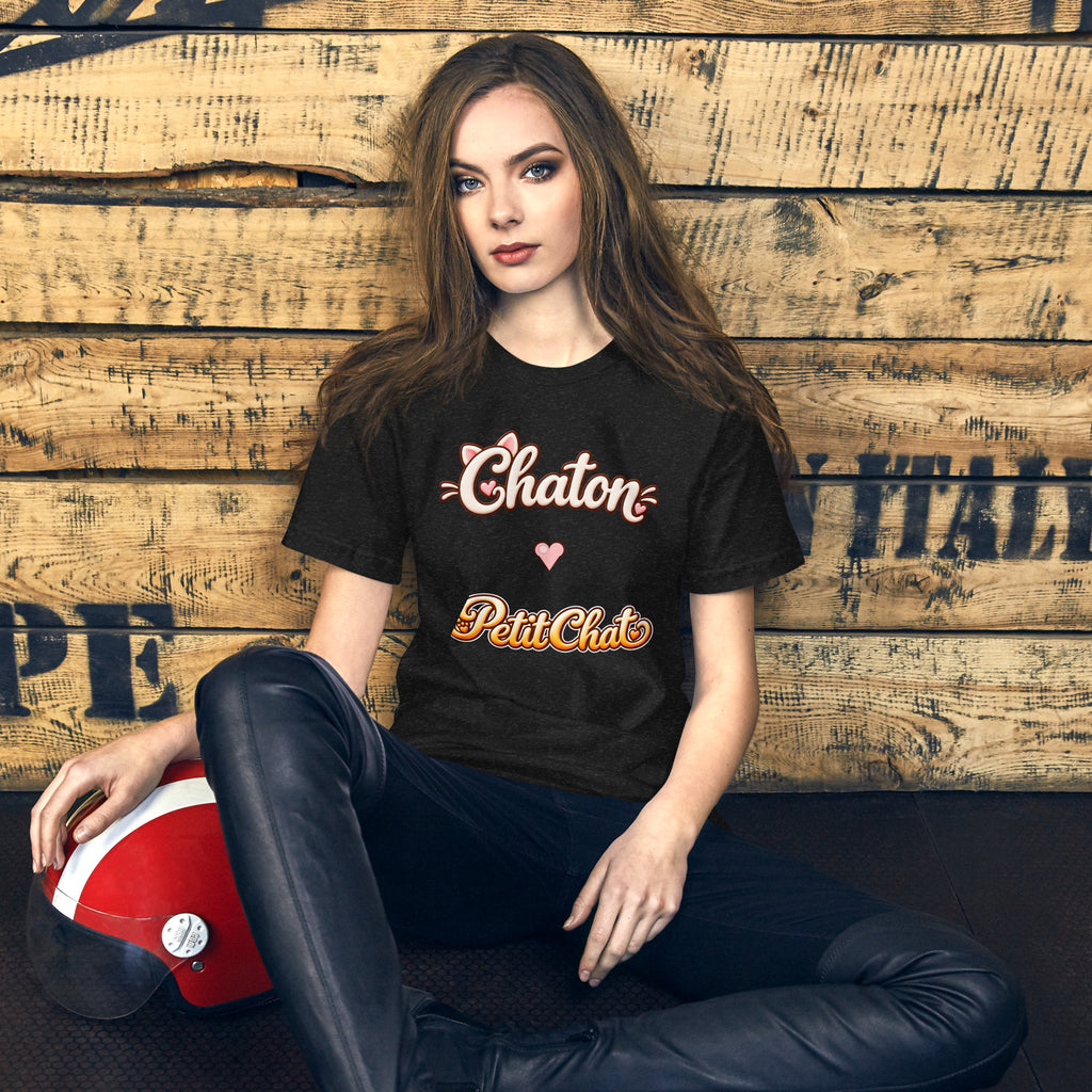 T-shirt unisexe noir Chaton & Petit Chat en lettrage duo avec petit cœur