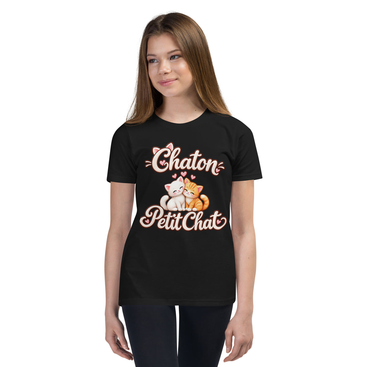 T-shirt ado noir Duo Chaton & Petit Chat, deux chatons câlins blanc et roux