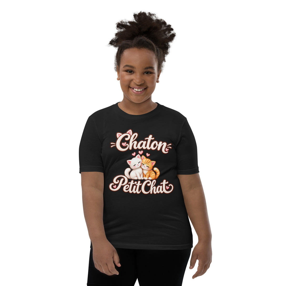 T-shirt ado noir Duo Chaton & Petit Chat, deux chatons câlins blanc et roux