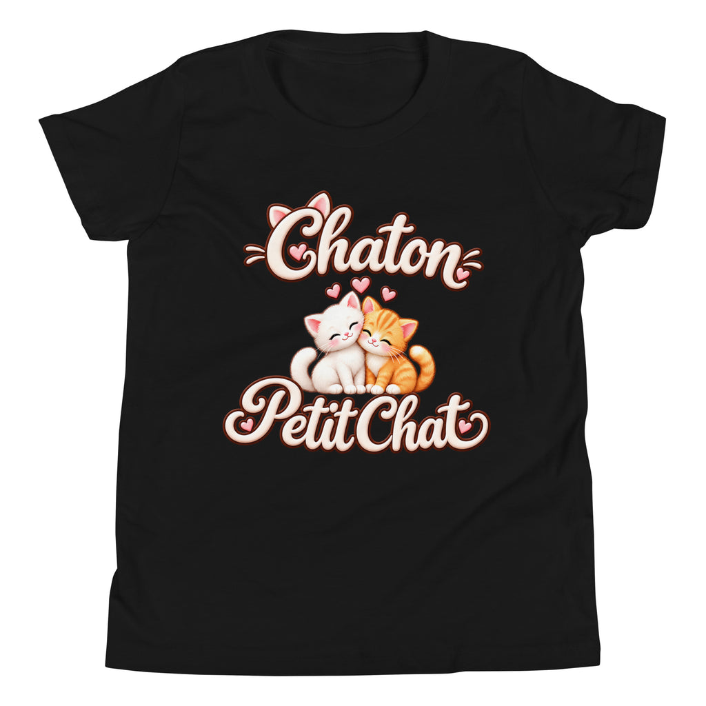 T-shirt ado noir Duo Chaton & Petit Chat, deux chatons câlins blanc et roux