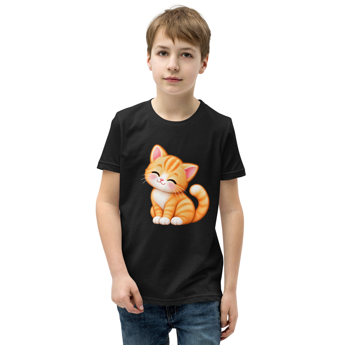 T-shirt ado noir Petit Chat, chaton roux câlin