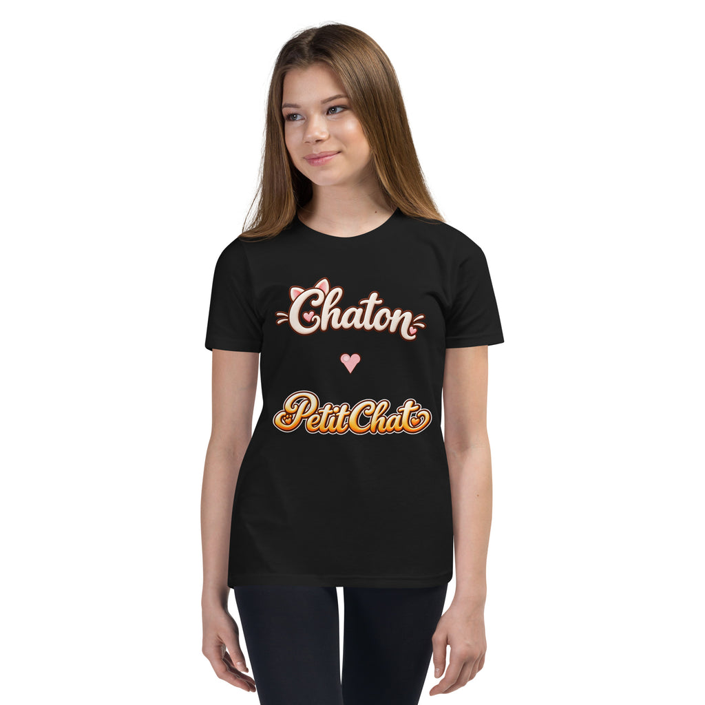 T-shirt ado noir Chaton & Petit Chat en lettrage duo avec petit cœur