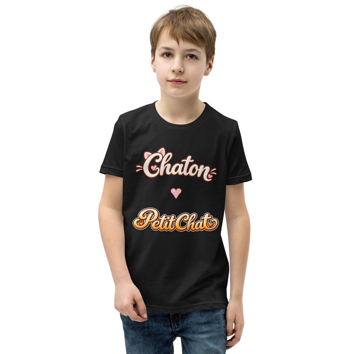 T-shirt ado noir Chaton & Petit Chat en lettrage duo avec petit cœur