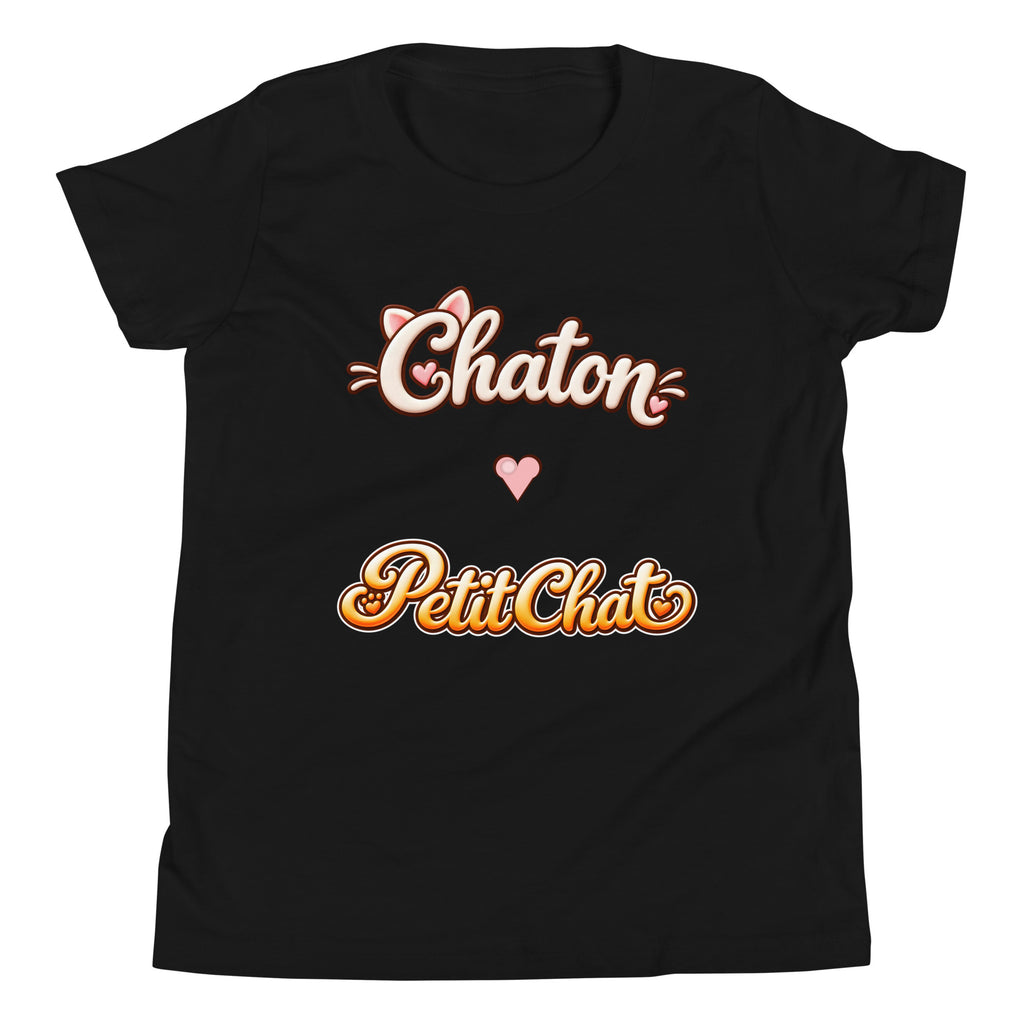 T-shirt ado noir Chaton & Petit Chat en lettrage duo avec petit cœur