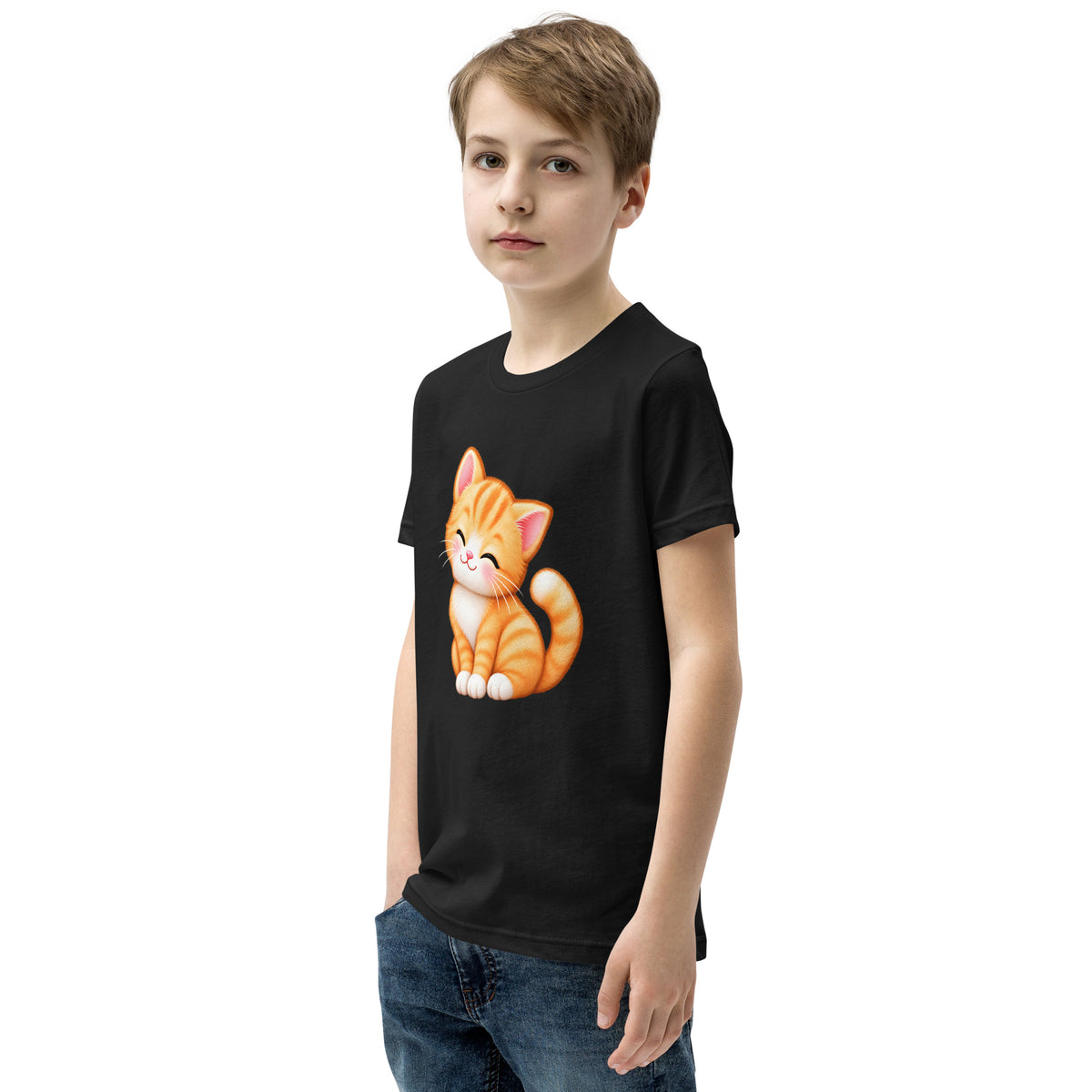 T-shirt ado noir Petit Chat, chaton roux câlin